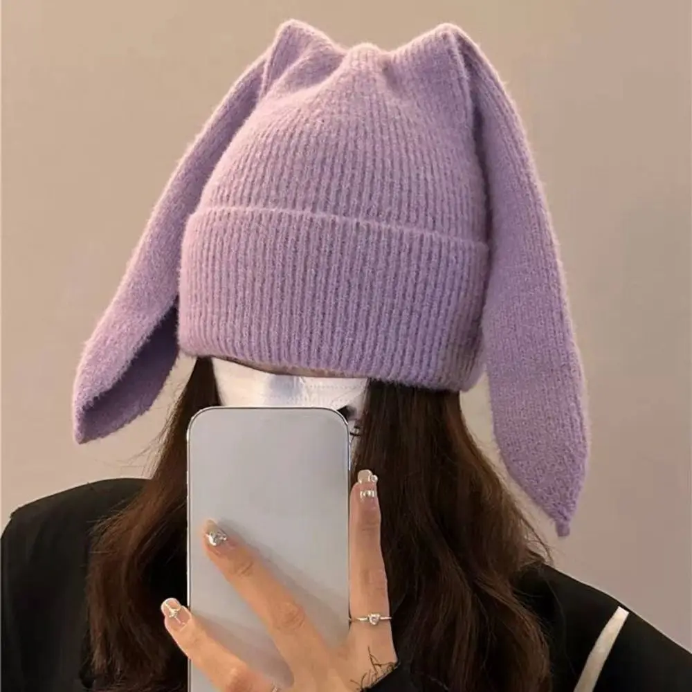 Śliczne długie uszy królika czapka z nausznikami zimowa ciepła imitacja norek czapki czapki zagęszczony miękki pulower kapelusz damski