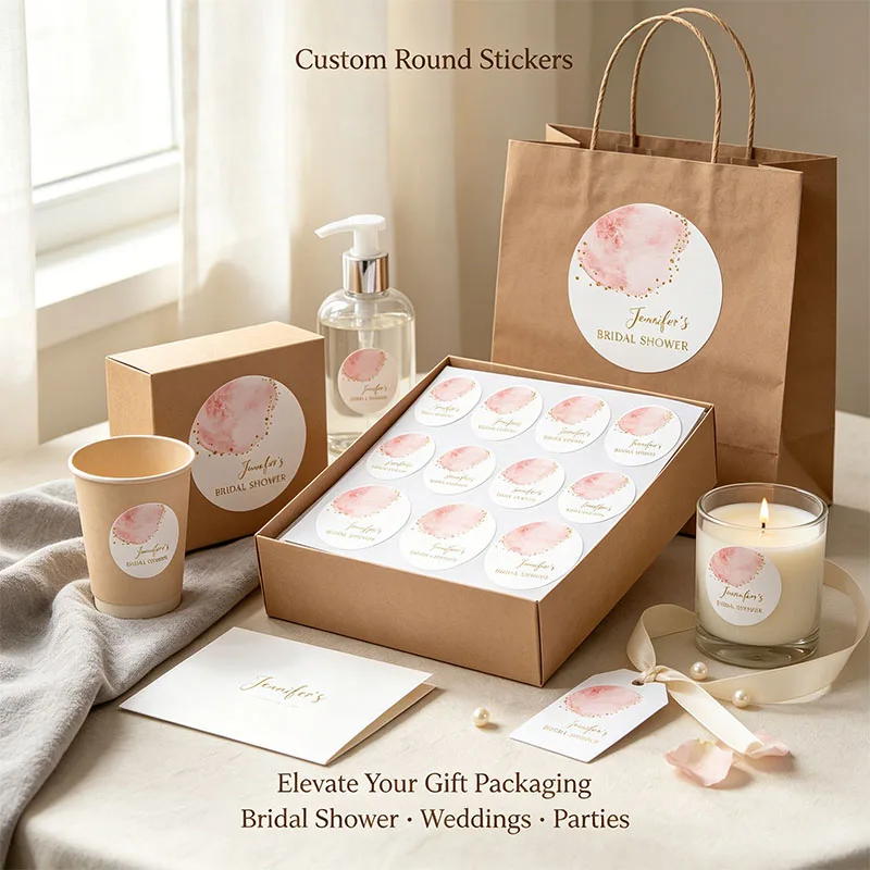 Custom Blush Pink Gold Confetti Round Stickers Personalized Name Pastel Pink Splash Glitter Dots Gift Box Packaging Stickers view 6