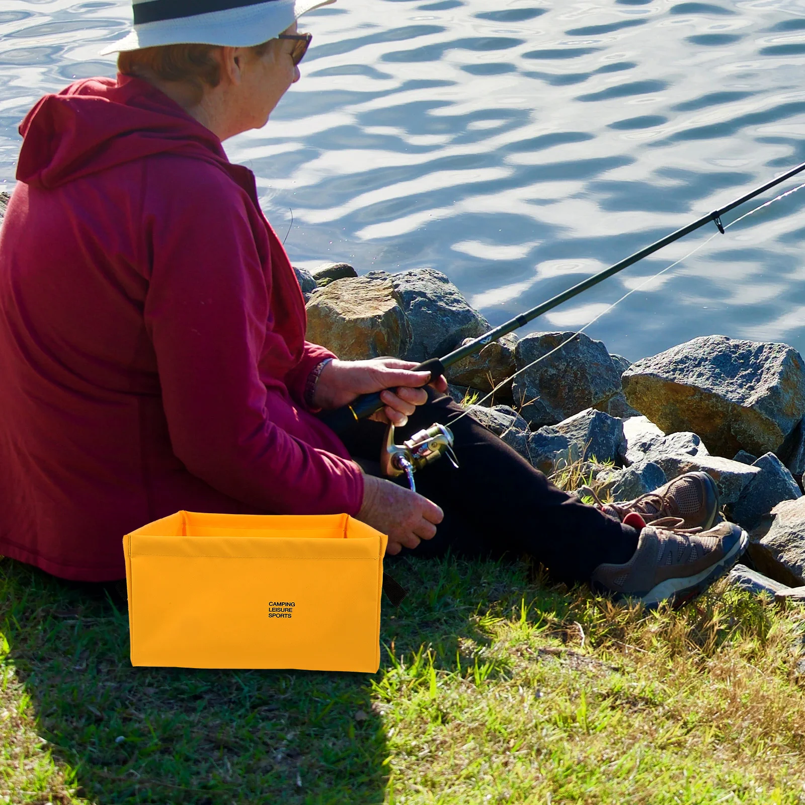 1 قطعة دلو ماء قابل للطي، حاوية صيد خفيفة الوزن محمولة للتخييم في الهواء الطلق وتسلق الجبال والسفر، دلو مربع أصفر #2