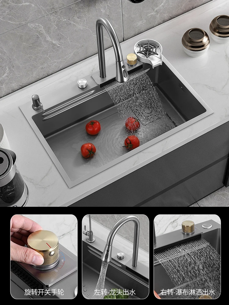 304 Stainless Steel Large Single Sink, Raindance Waterfall, Home Kitchen Sink, Dishwashing Sink, Undercounter Gun Ash