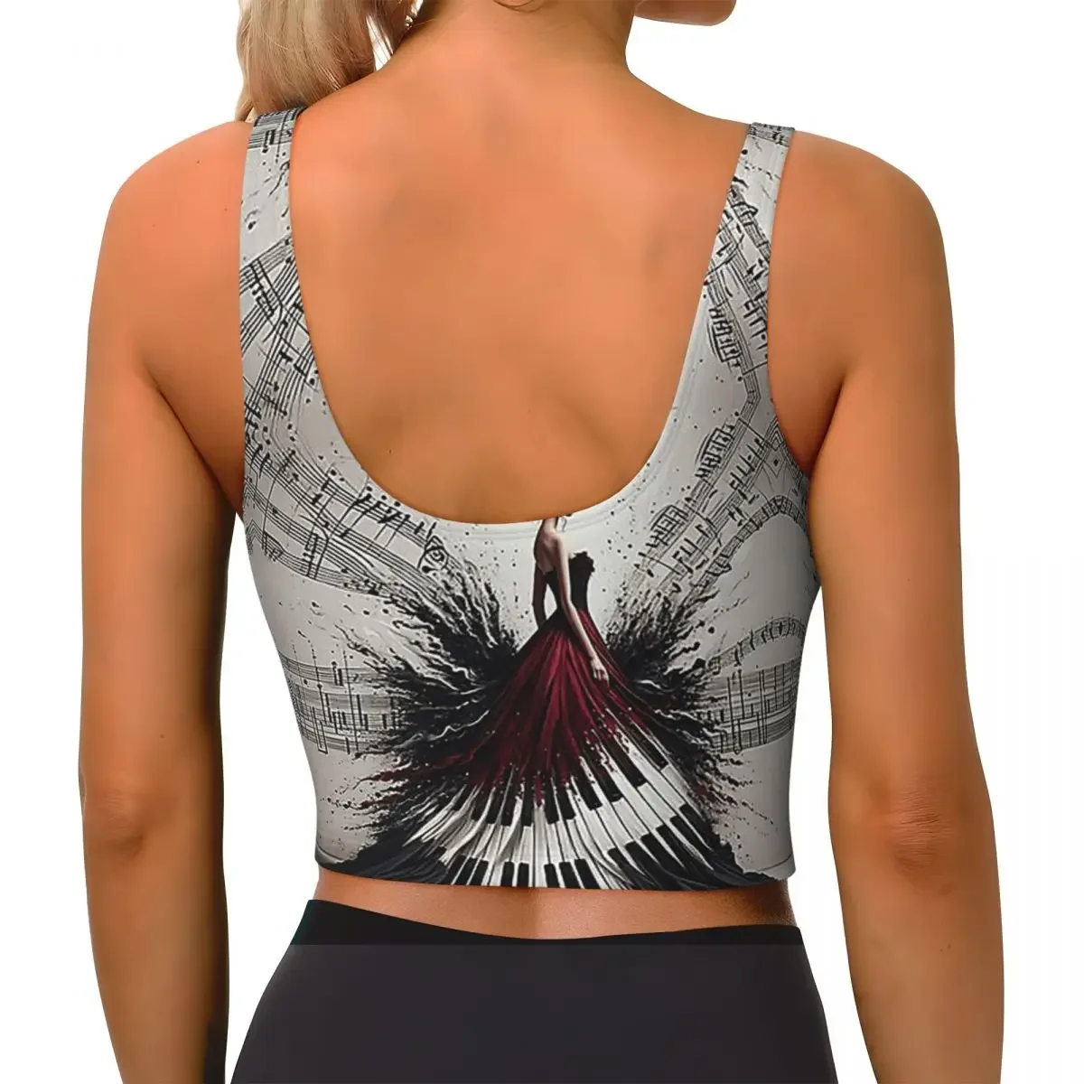 Custom Beautiful Lady Piano Musical Notes, Wavy Dress Women Sports Bras High Impact Vest Gym Workout Yoga Crop Tank Tops