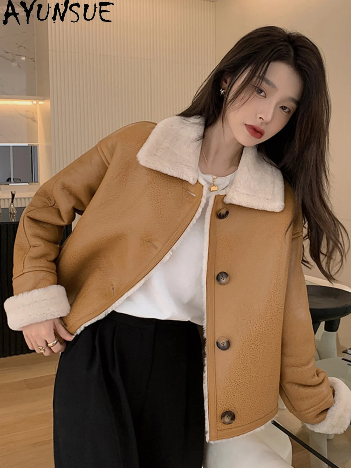 AYUNSUE 2025 Nieuwe Shearling Jas Vrouw 100% Natuurlijke Wollen Jassen voor Vrouw Kleding Losse Mode Bont Jas Ropa Para Mujer