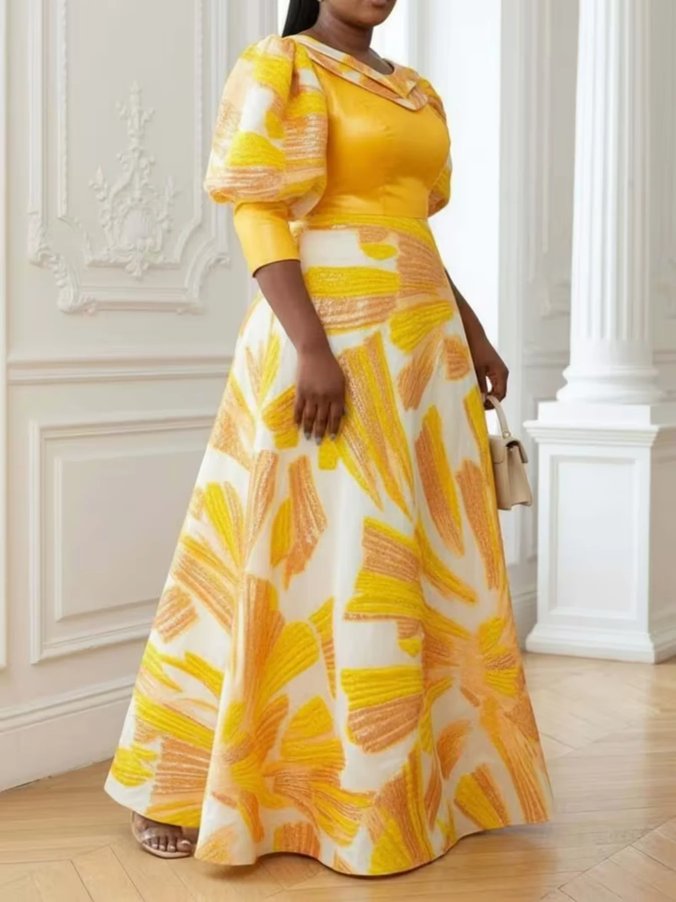Plus Size Women Printed Satin Maxi Dress Fold Over Neck Puff Three Quarter Sleeve A Line Formal Wedding Guest Evening Dress view 3