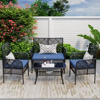 Juego de 4 muebles de patio para exterior, sillas de ratán sintético, muebles de mimbre con mesa de centro de cristal y cojines suaves, asientos para exterior 8 best sales Muebles de exterior - №8