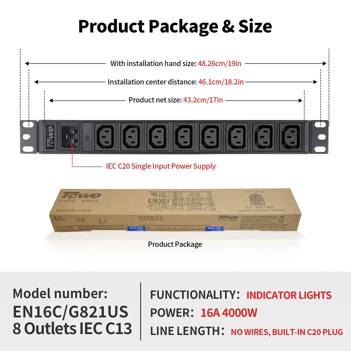 TOWE 8 Port IEC C13 Rack Power Strip 16A 250V C20 Input Metal PDU for Server Cabinet Network Switch UPS Equipment Professional