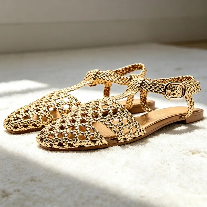 High-quality Hollow Woven Flat Sandals for Women Fashion T-tied Ankle Strap Buckle Gladiator Sandals Summer Holiday Beach Sandal