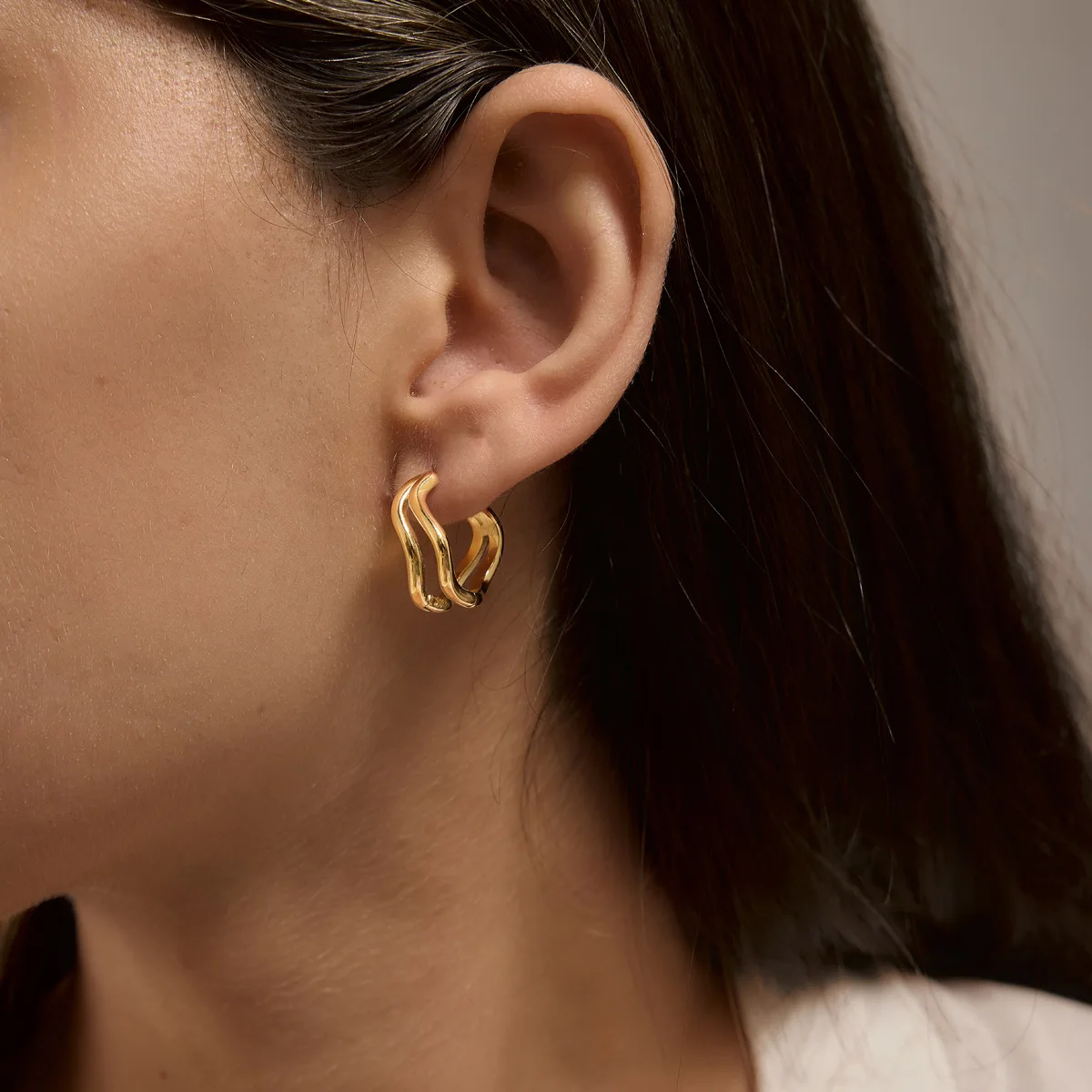 Stainless Steel Double Layer Hoop Earrings for Women Minimalist Daily Hoops Waterproof Two Tone 18k Gold Plated Wave Earrings