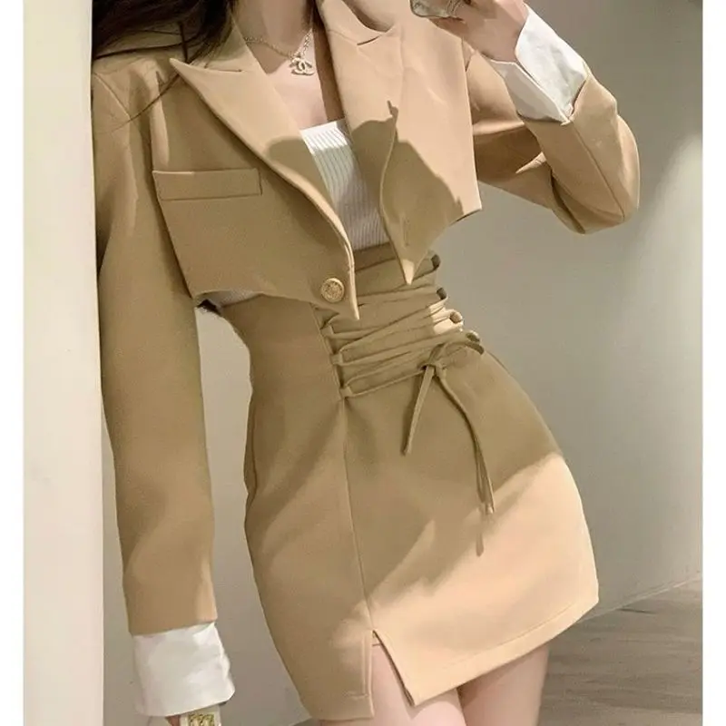 Women\'s Autumn Short Suit Coat Mini Skirt Two-piece Korean Elegant Chic Fashion Blazer Jacket A-line Skirts Set Female Clothing