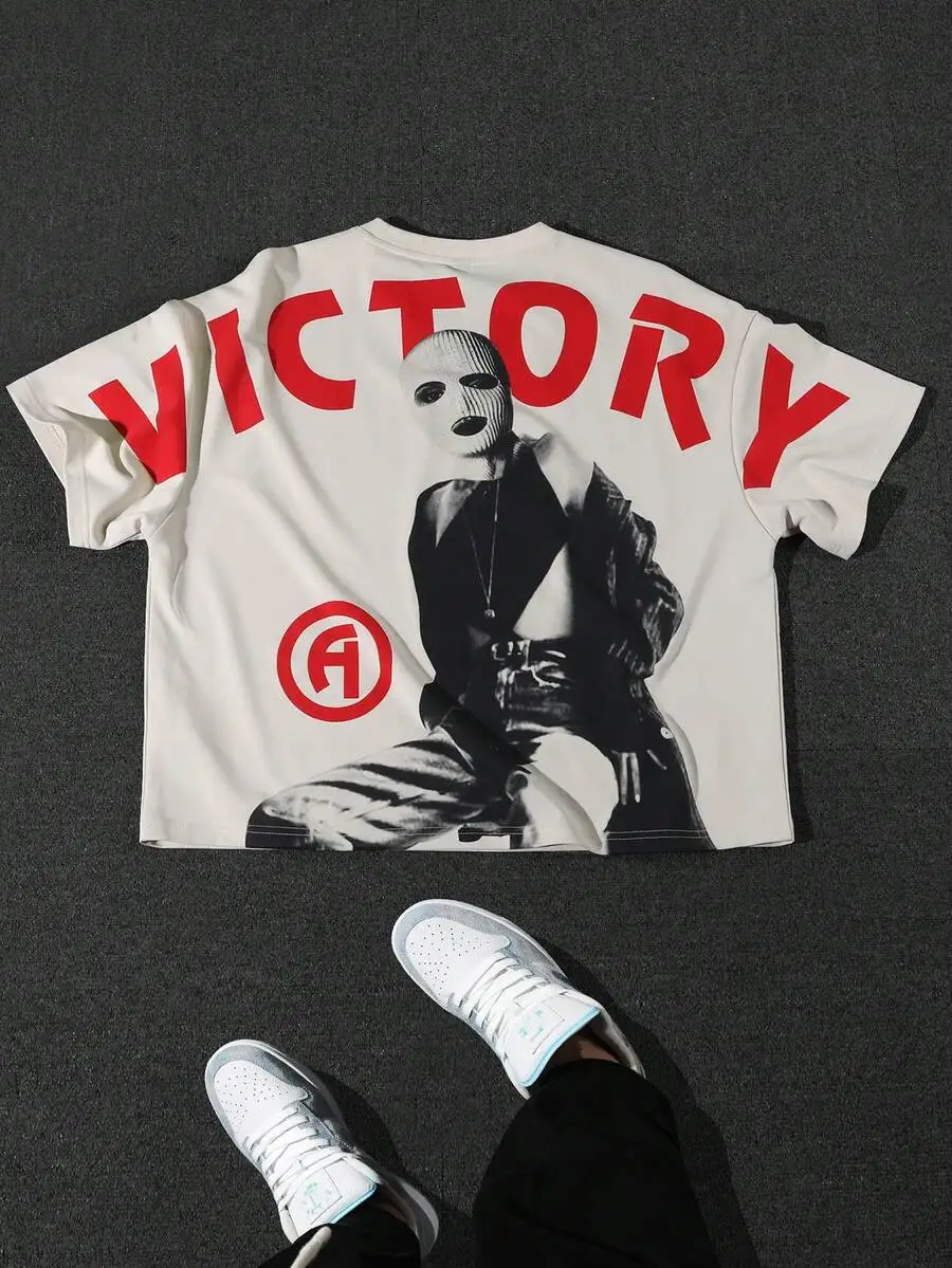 

Men's Loose Fit Graphic Print T-Shirt with Bold Text and Monochrome Art Design