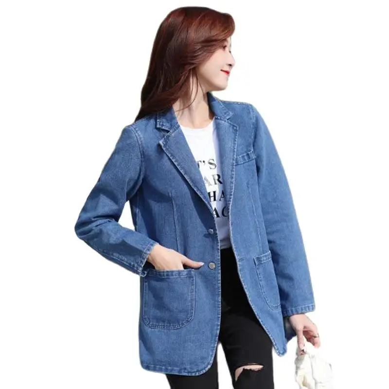 Vintage Suit Women Jeans Jacket Casual Tops Loose Short Denim Blazer Outwear Female Cowboy Basic Coat New 2023 Spring Autumn