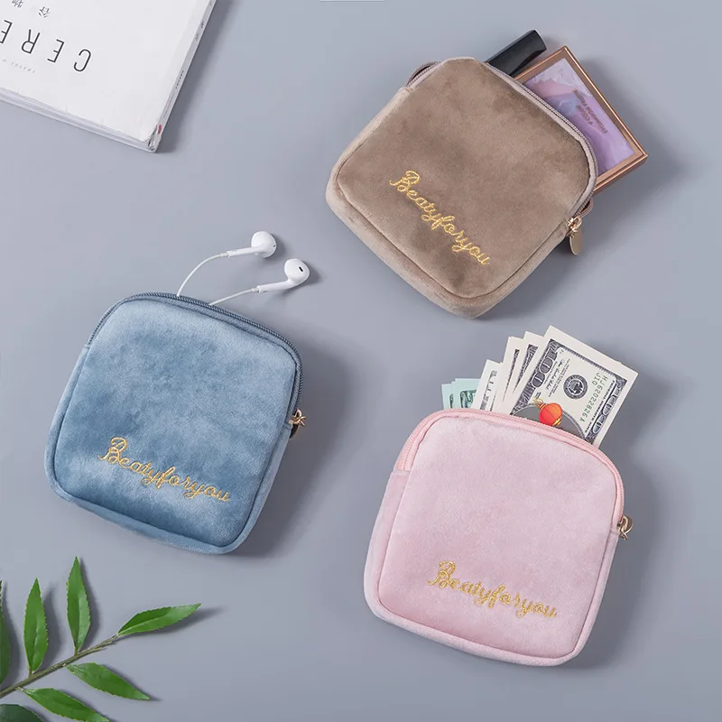 Velvet Simple Portable Multifunctional Lipstick Earphone Data Cable Storage Bag Portable Sanitary Cotton Storage Bag