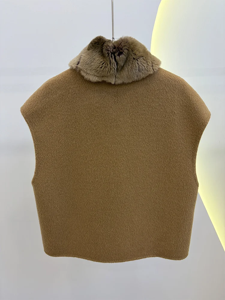 Women Winter Real Rex Rabbit Fur Collar Vest Natural Fur Coat Outwear Wool Cashmere Outwear Female  Waistcoat