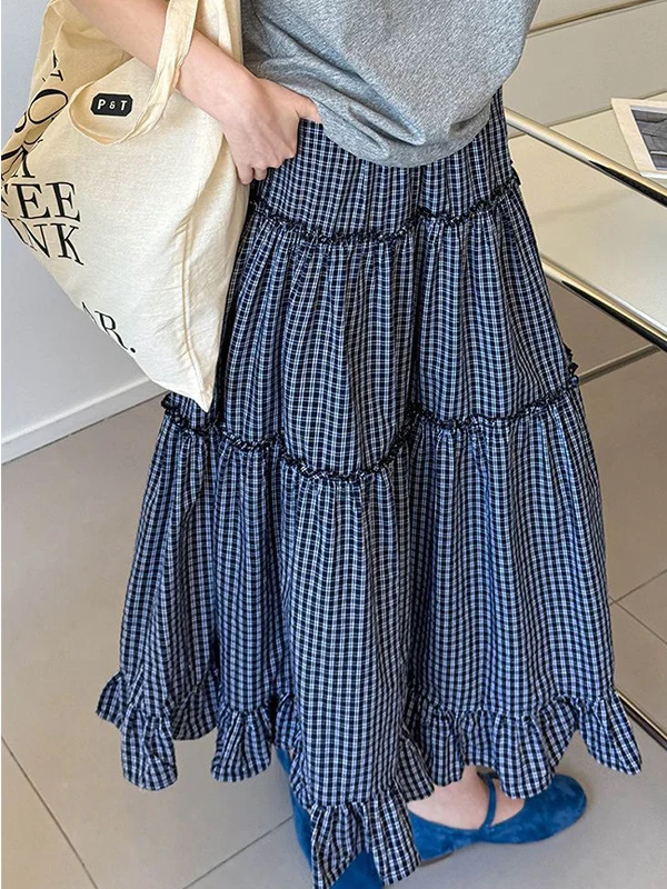 

plus Size 300 Pounds Fat MM Retro Plaid Elastic Waist Loose Hip Covering Half Skirt Women's Summer Versatile Cake Skirt