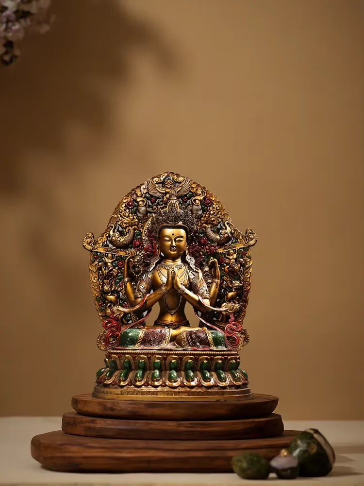 Old Bronze Painted High Relief Four armed Guanyin Sitting Buddha Divine beast backlight Buddha Terrace Worship Hall