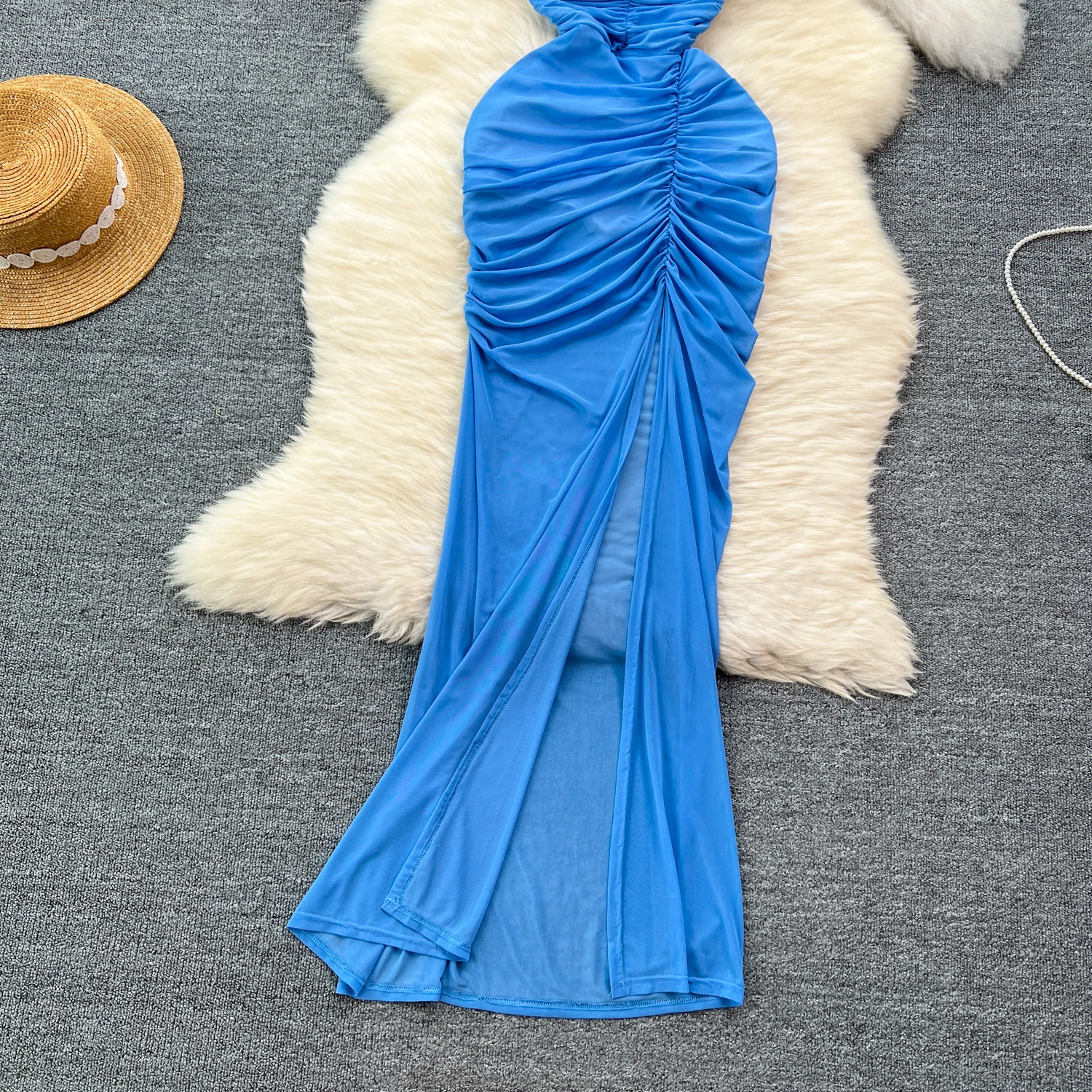 Chic sexy Sleeveless Backless Pleated Split Slip Dress Slim High Waist Evening Women Black Pencil Dresses Women Summer Clothing