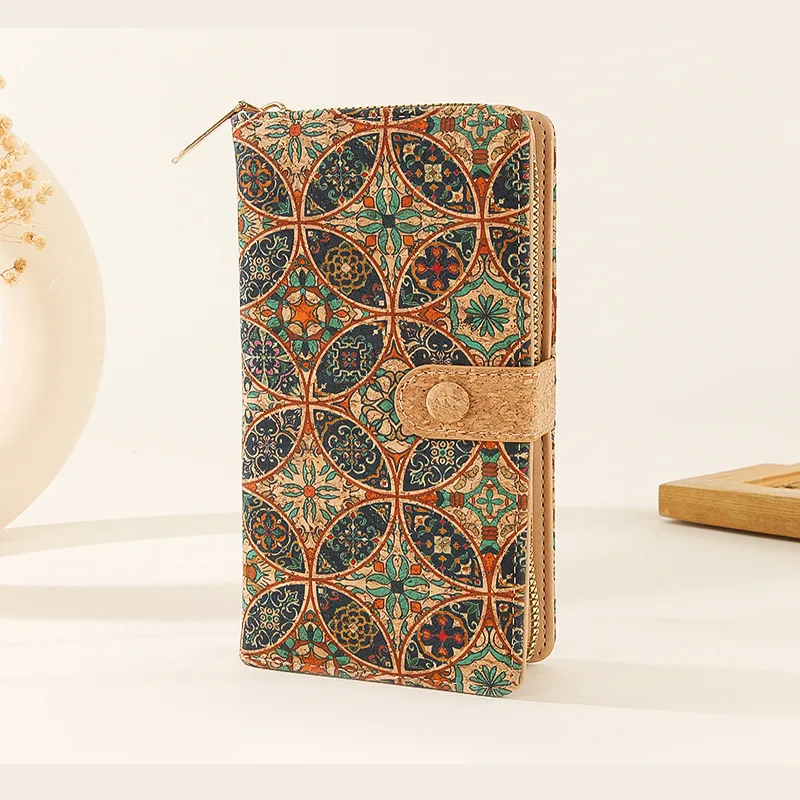 8pcs Wallet For Women Cork Leather Big Rose Grid Printing Multifunctional Phone Long Card Holder