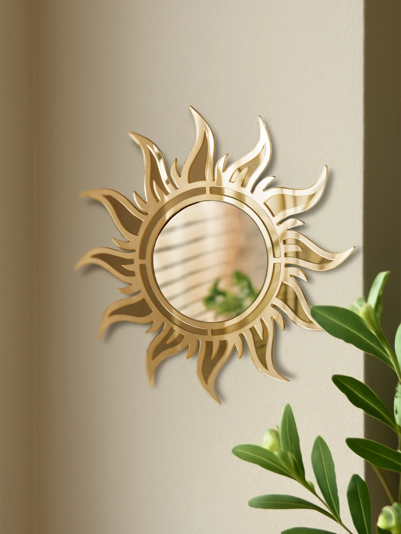 Boho-Wandspiegel in Sonnenform, dekorativer Kunstspiegel mit Sonnenschliff-Design, Acryl-Hängespiegel für Wohnzimmer, Schlafzimmer, Zuhause und Wand