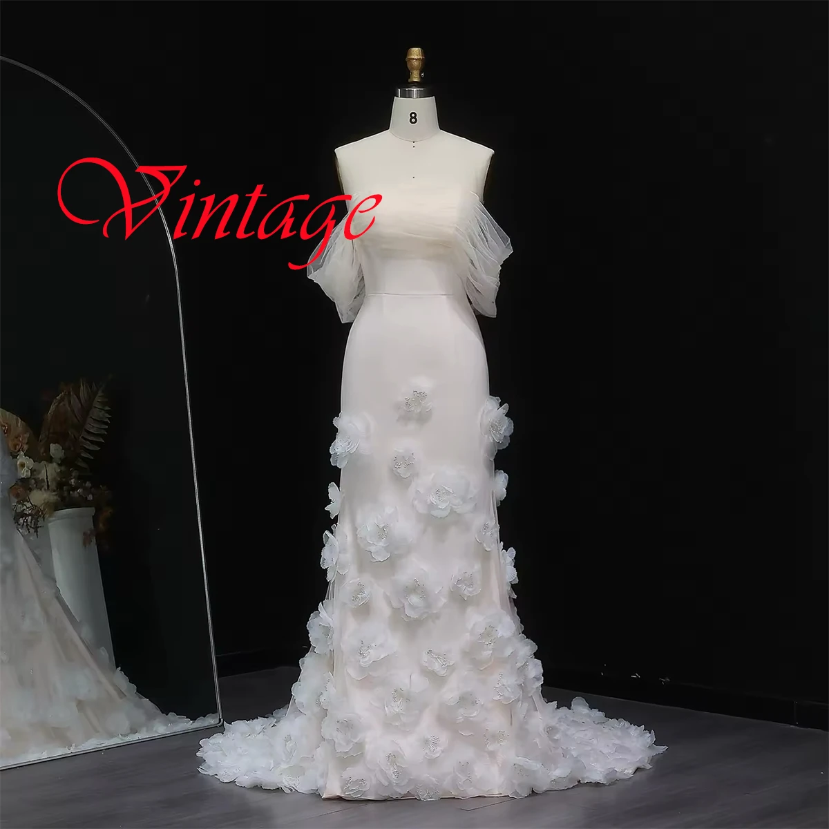 

Customized Delicate Light Champagne Jersey Evening Dress Formal Strapless Off the Shoulder Short Sleeves Zipper Back Prom Dress