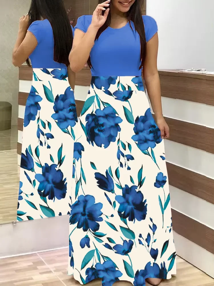 Floral Print Long Sleeve Dress European American Style Color Matched Swing Skirt for Women Large Size