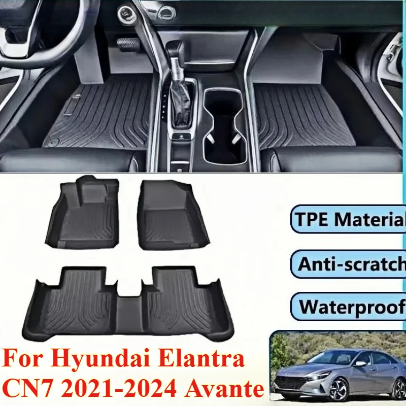 

3PCS Car Floor Mat for Hyundai Elantra CN7 2021-2024 Avante Waterproof Leather Mud Carpet TPE Foot Pad Full Cars Accessories