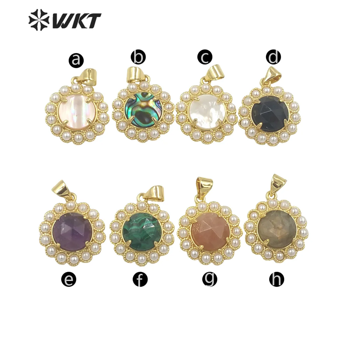 WT-JP358 Luxury Retro Round Shape Colored Gemstone 18K Gold Plating And Pearl Paved Tiny Pendant Women Earrings Decoration