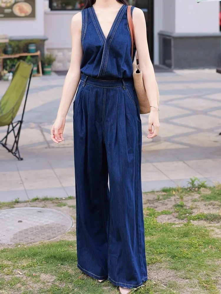 European Retro Workwear Denim Jumpsuit Women'S Summer New Design Sense Loose Casual Jumpsuit Wide Leg Pants