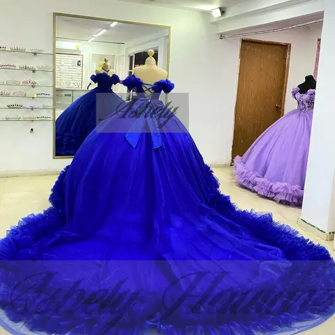 Kvalitet Kunglig Blå Söt 16-Klänningar Födelsedagsfest Volang Spets Applikation Sweep Släp Formella 15:e Quinceañera Klänningar Anpassade 8 best sales kungblå sweet 16-klänning - №2