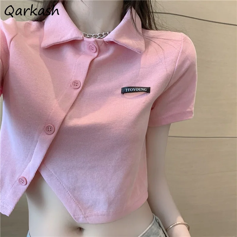 T-shirts Women Solid Short Sleeve Turn Down Collar Irregular Button Design Korean Fashion Preppy Style Students Chic Crop Tops