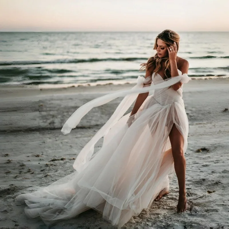 Discount Shoulder Bows Long Streamers Crisscross Ruched Bodice High-Slit A-Line Off-The-Shoulder Sweetheart Tulle Wedding Dress