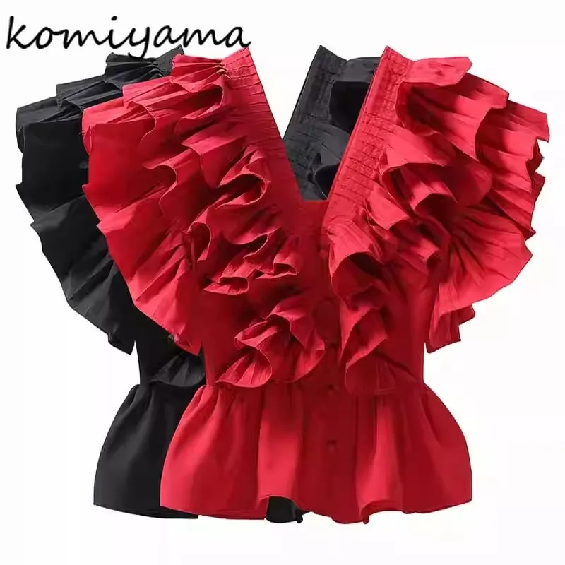 Cascading Ruffle Shirts & Blouses V-neck Blusas Tunic Hem Camisas Korean Chic Button Ropa Mujer 2024 Summer New Tops