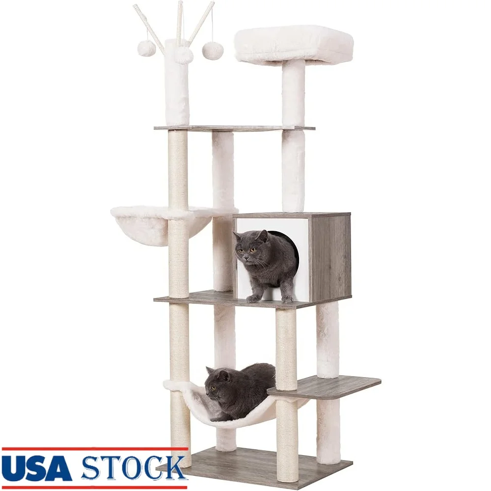 

Cat Tree 66.1in Wooden Cat Tower with Scratching Posts Hammocks Toys Indoor Pet Furniture Natural Cat Condo