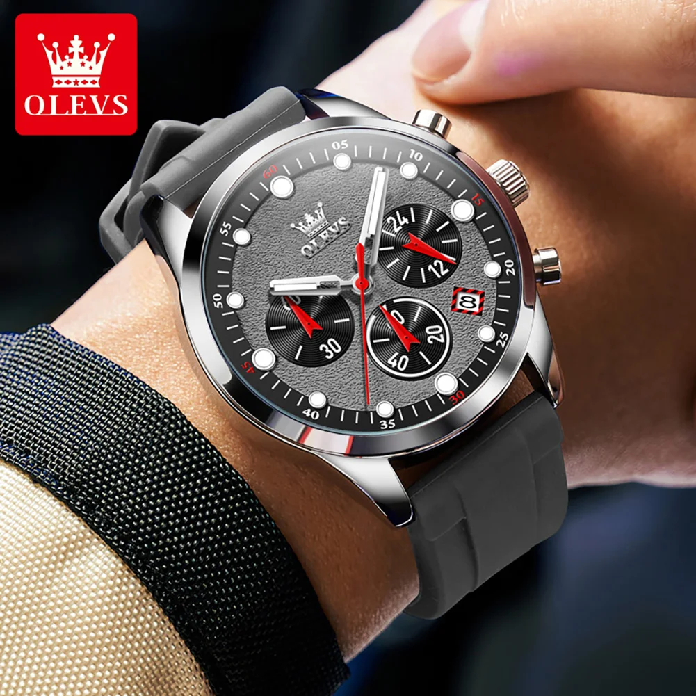 OLEVS Luxury Watch for Men Silicone Strap Waterproof Luminous Chronograph Classic Man Watch Top Original Quartz Men\'s Watch 2024