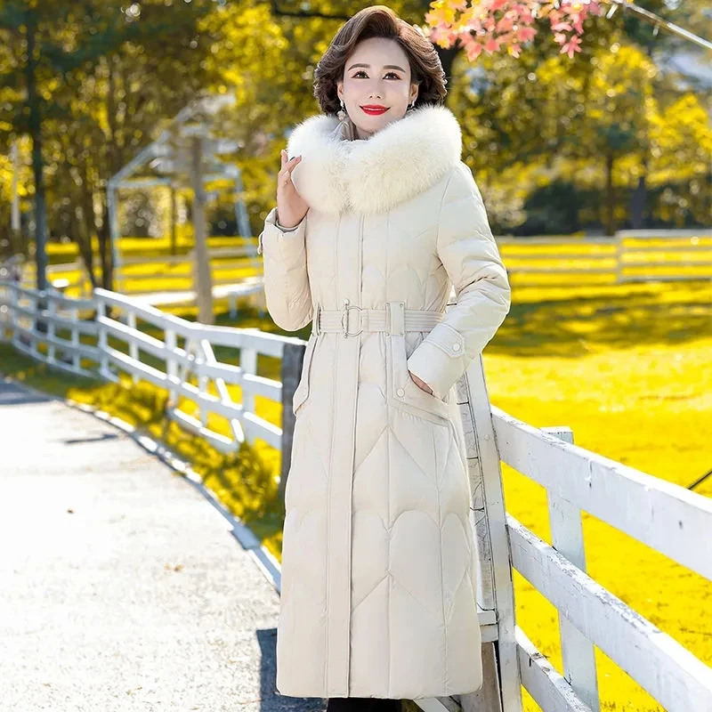 2023 New Winter Down Coat Women White Duck Down Parkas Long Hooded Puffer Jacket Chic Big Fur Collar Down Coat With Belt Female