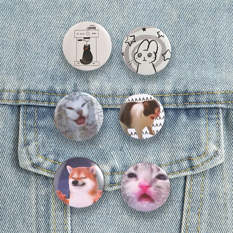 Internet Meme Cat Dog Round Badge Funny Cute Shiba Inu Kitten Coffee Button Pin Rabbit Animal Brooch Accessory