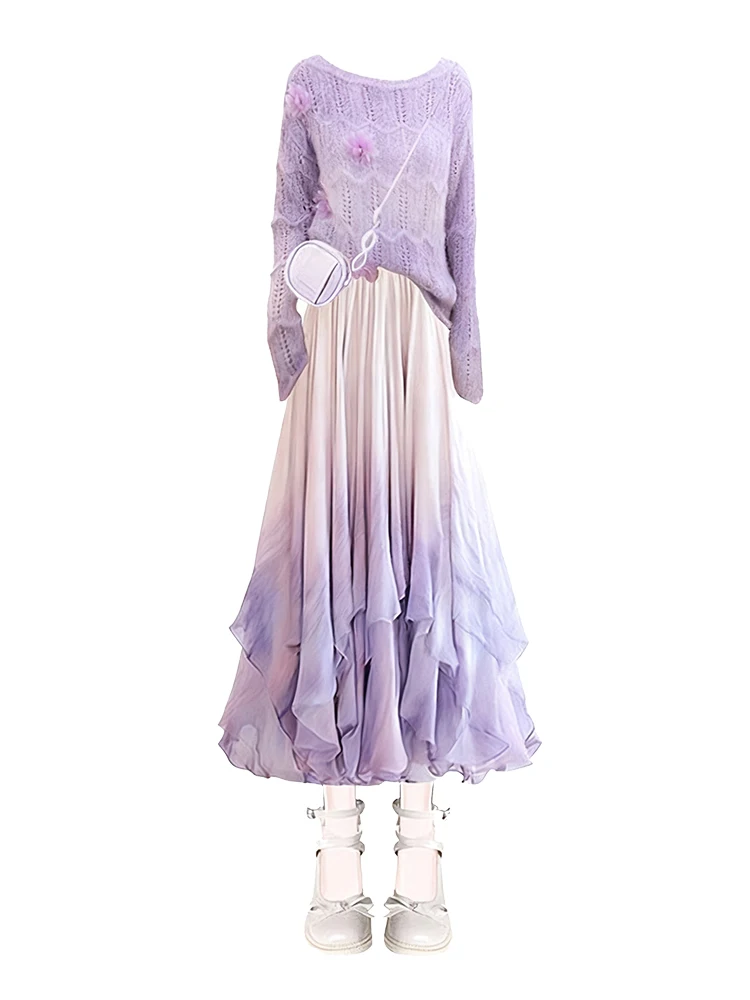 秋冬パープルジェントルスレ透かし彫り3Dフラワーニットトップスとレースヘムラインスカートのツーピースセットレディースファッション