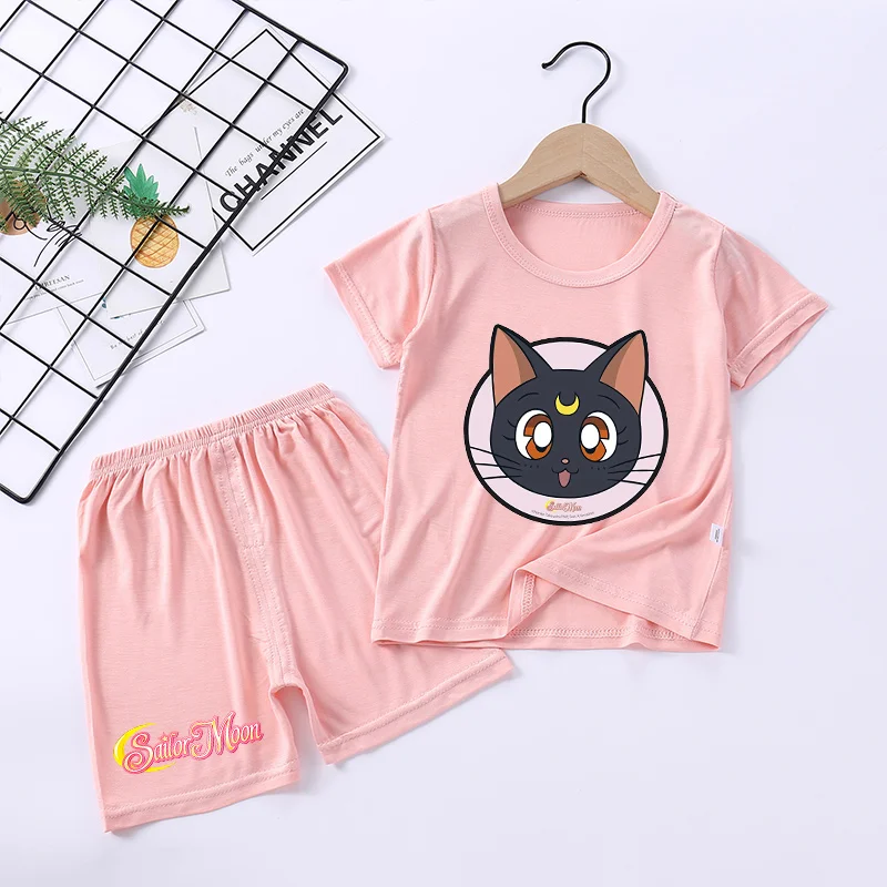 Sailor Moon Pajamas Set Cartoon Girls Summer T-shirt Pants Suit 2pcs Clothes Pink Anime Printed Nighty Comfortable Loungewear