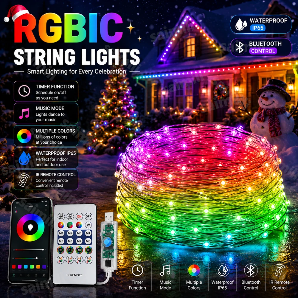 RGBIC Fairy LED String Lights WS2812B USB Powered Bluetooth APP Music Sync IP65 For Outdoor Christmas Home Holiday Party Decor