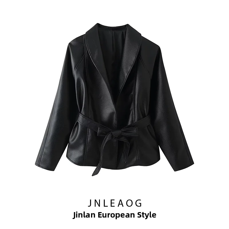 JNLEAOG Fashionable Versatile Leather Jacket Coat for Women with Belt Autumn New Arrival Standard Fit Polyester Fabric
