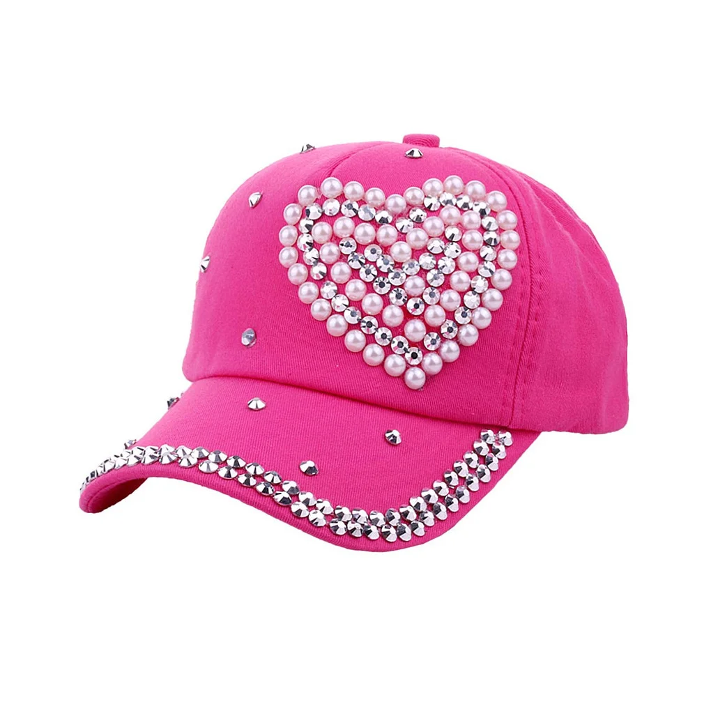 NEW Children Fashion Adjustable Heart Shaped Rhinestones Studded Peaked Cap Hat Kids Cotton Baseball Cap Winter Hat Cap