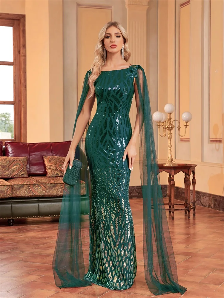 XUIBOL Luxury Arabia Long Sleeve Green Sequins Evening Dress Women 2024 Female Guests Wedding Party Floor-Length Cocktail Prom