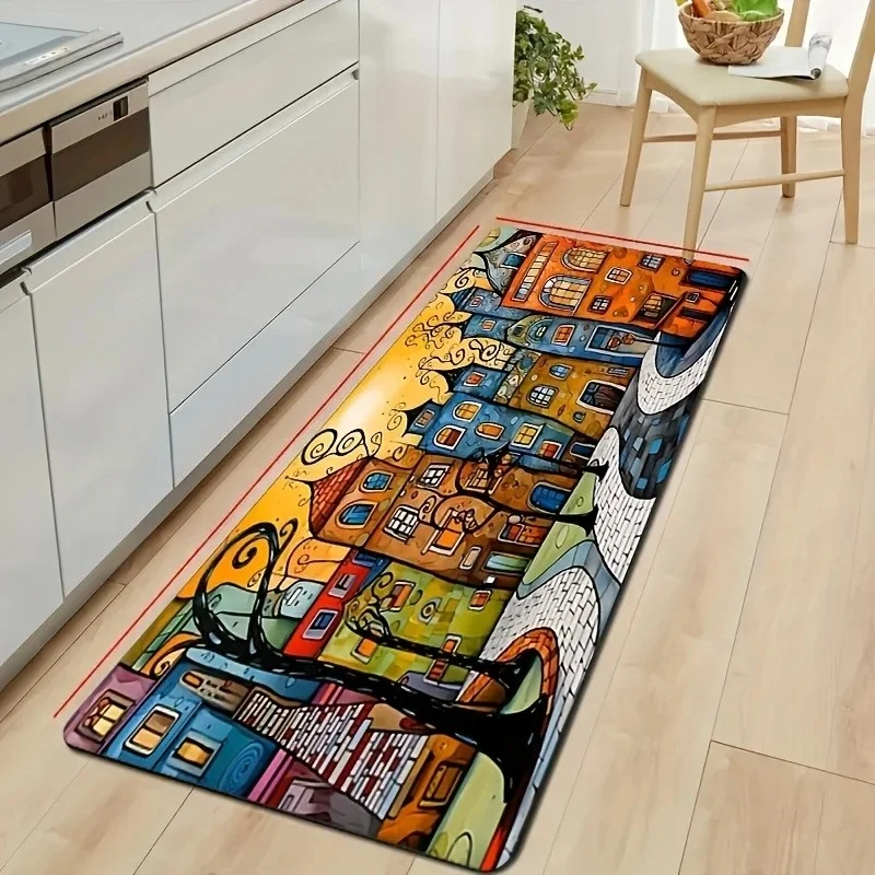Abstract Colorful City Building Kitchen Rug Carpet Whimsical Cartoon Town Art Print Mat for Kitchen Hallway Laundry Home Decor