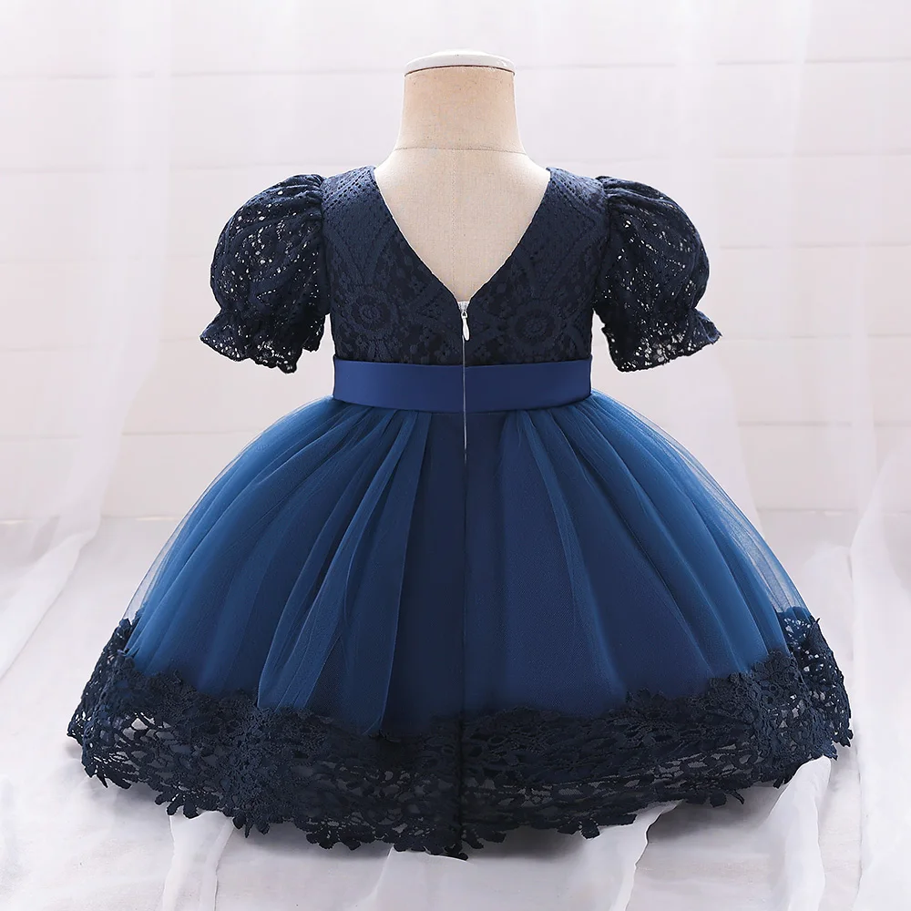 Toddler Bow Baby Girls Party Dresses Short Sleeve Lace 1st Birthday Flower Princess Kids Dress for Girls Wedding Evening Costume