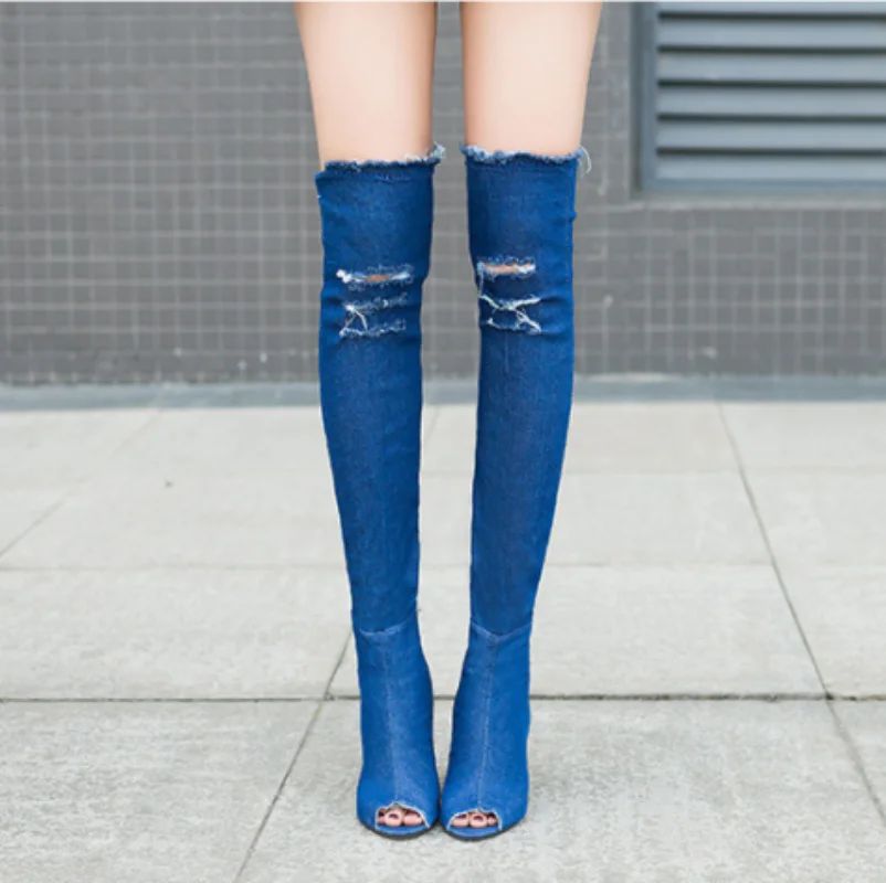 Botas Mujer New Denim High-heel Boot 2023 Spring Summer Thin Elastic Cool Boot Night Club Fish Mouth Knee Boots Large Women Boot