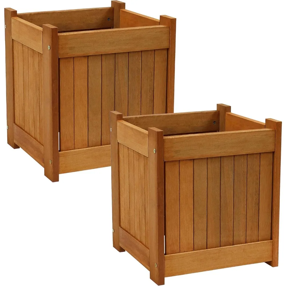 

Sunnydaze Meranti Wood 16-Inch Square Planter Box with Teak Oil Finish - Set of 2