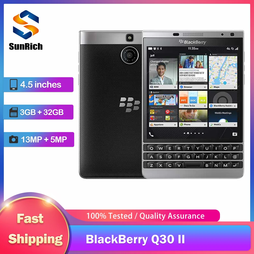 Original BlackBerry PassPort II Q30 Silver Edition 4G Mobile Phone 4.5'' 3GB RAM 32GB ROM Snapdragon 801 Quad-Core SmartPhone