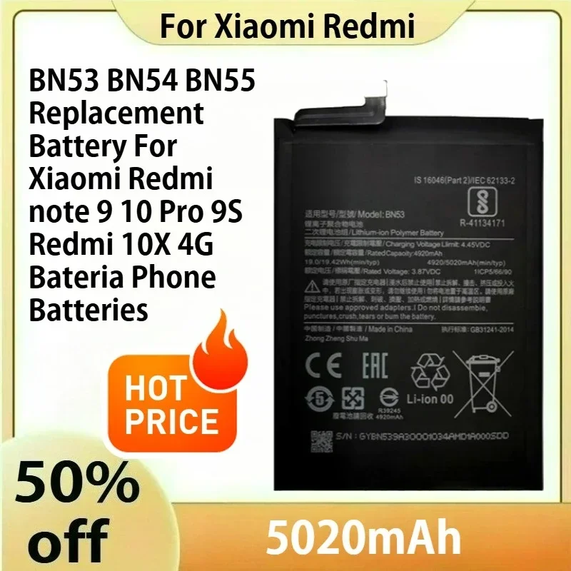 

5020mAh BN53 BN54 BN55 Replacement Battery For Xiaomi Redmi note 9 10 Pro 9S Redmi 10X 4G Bateria Phone Batteries