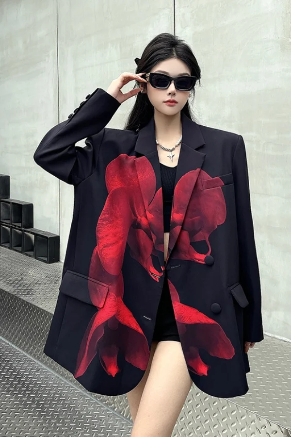 

​​Black Red Signature Contrast Blazer Architectural Shoulder Printed Fall Spring Statement Jacket Women​​