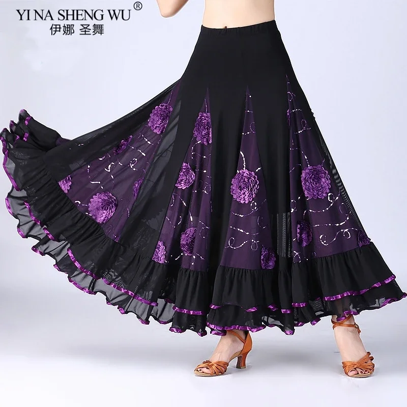 Nuevo traje de baile moderno para mujer, falda de baile de salón de vals Flamenco, faldas espanas de columpio grande en capas de competición clásica