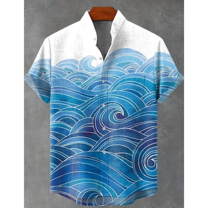 Men's Summer 2025 Casual Button Top Short Sleeved Blue Wave Pattern Linen Hawaiian Vacation Shirt Vintage Japanese Clothes
