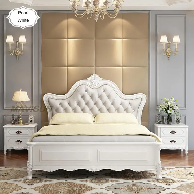 Pearl White Luxury Comfortable Double Wooden Wedding Bed King Queen Size Bedroom Furniture Set Modern Storage Space Custom Color